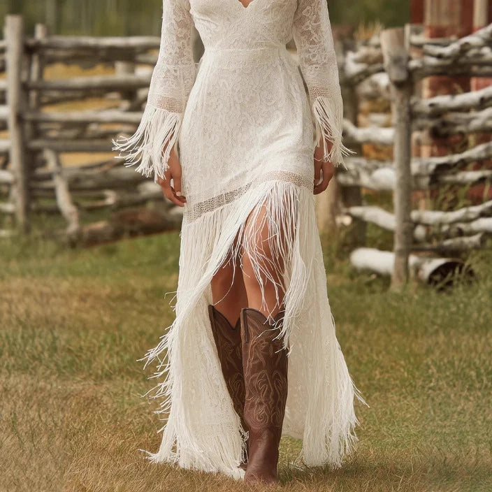 Maxi Dress Lace V-Neck Fringe Three-Quarter Sleeves