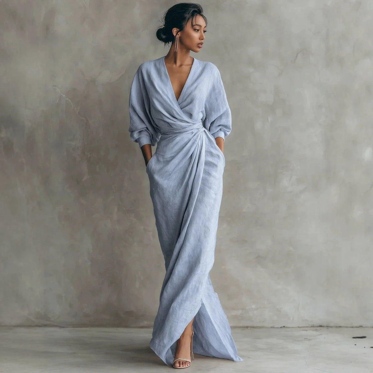 Maxi Dress Linen Blend Wrap Style with Pockets