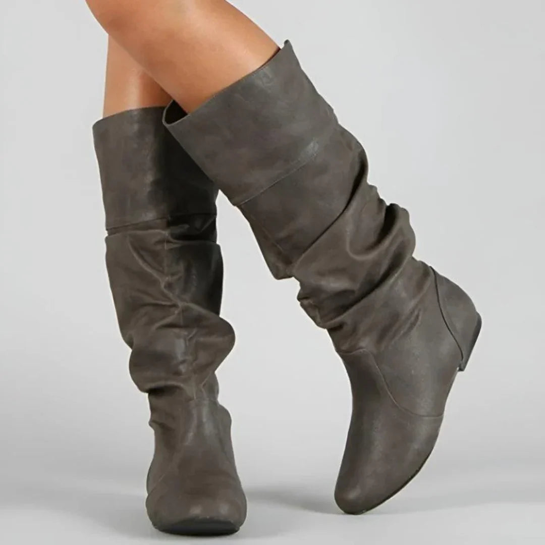 Mid-Calf Boots Leather Pull-On Flat Sole