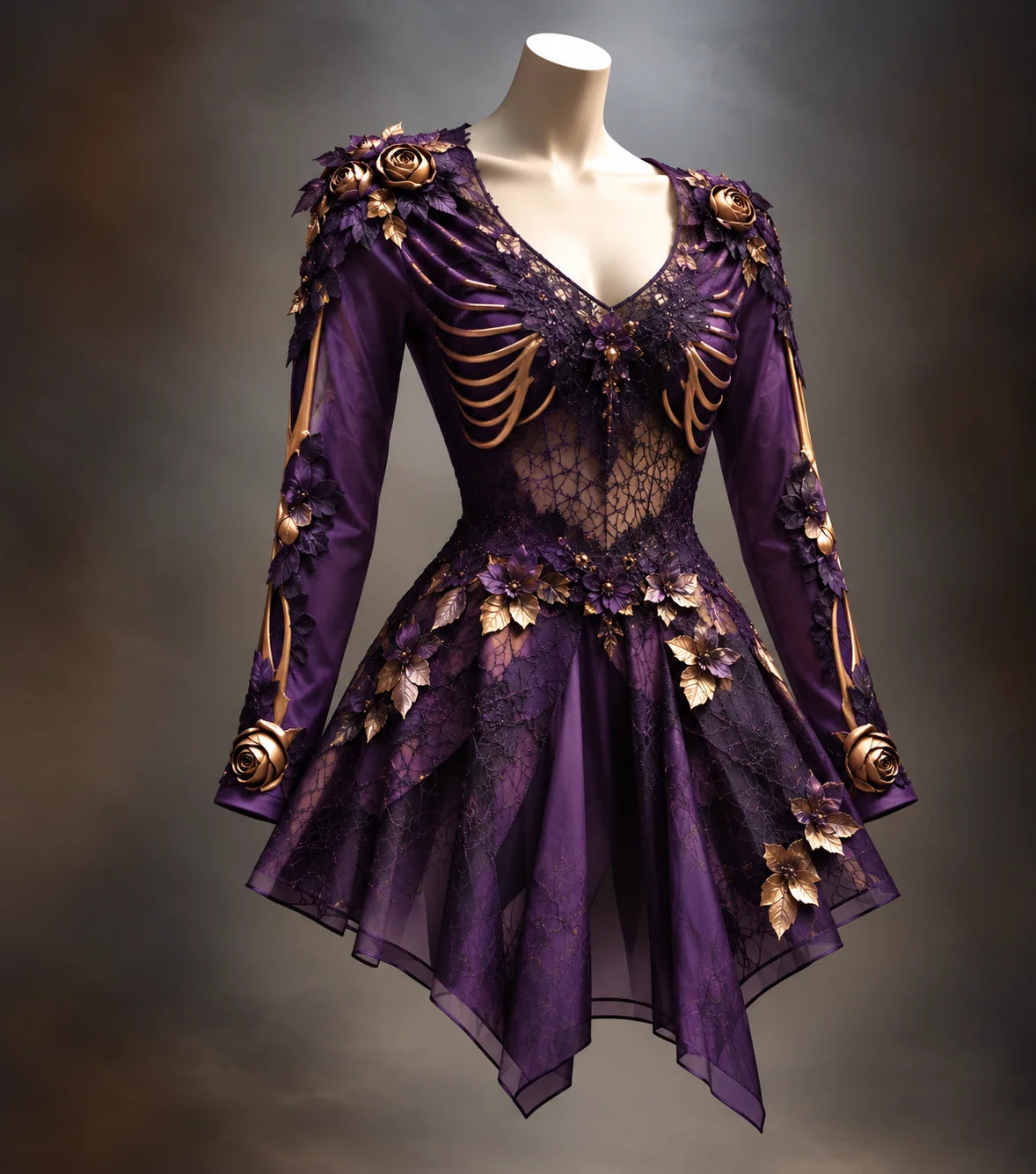 Mini Dress Gothic Bone & Floral Appliqués Long Sleeve V-Neck