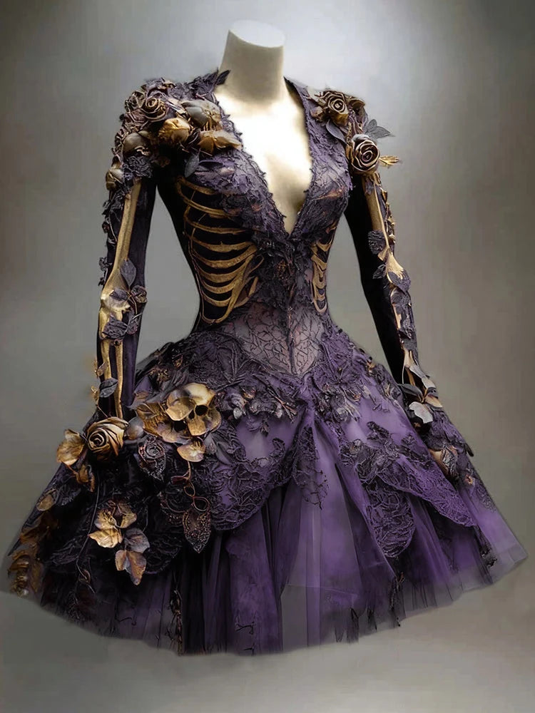 Mini Dress Skeleton Appliqué 3D Floral Accents Long Sleeves