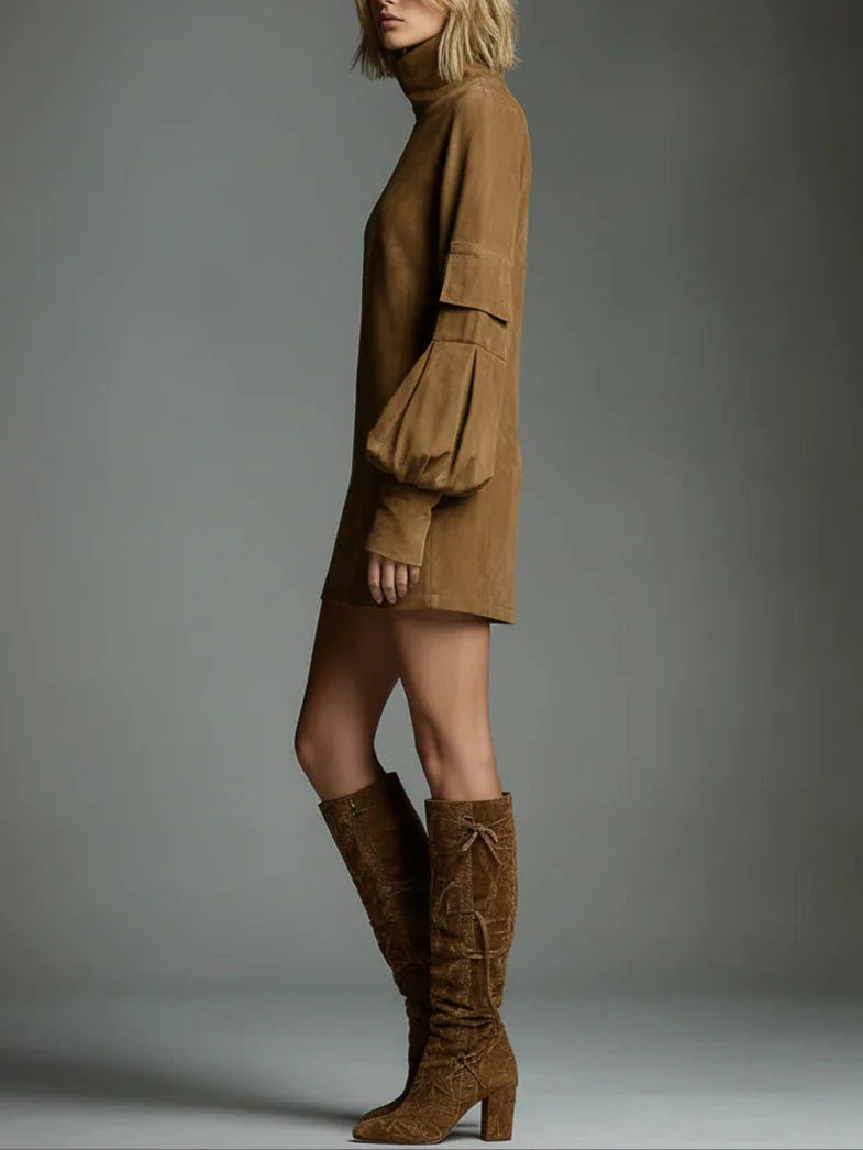 Mini Dress Suede Turtleneck Relaxed Fit
