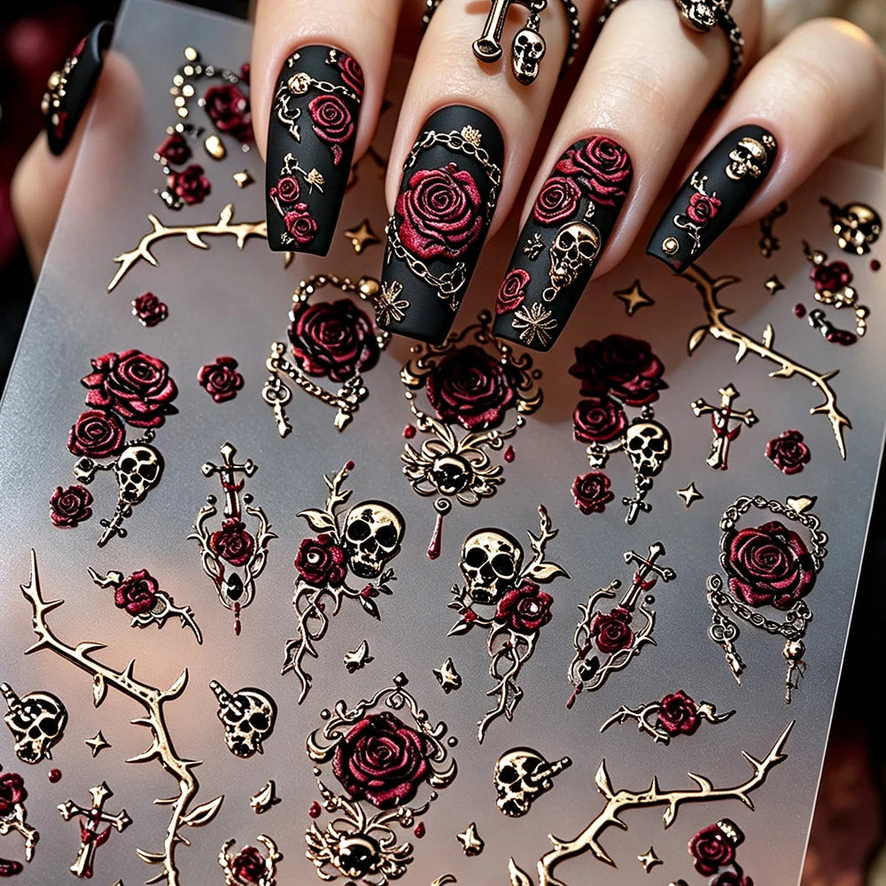 Nail Art Stickers Gothic Rose & Skull Designs