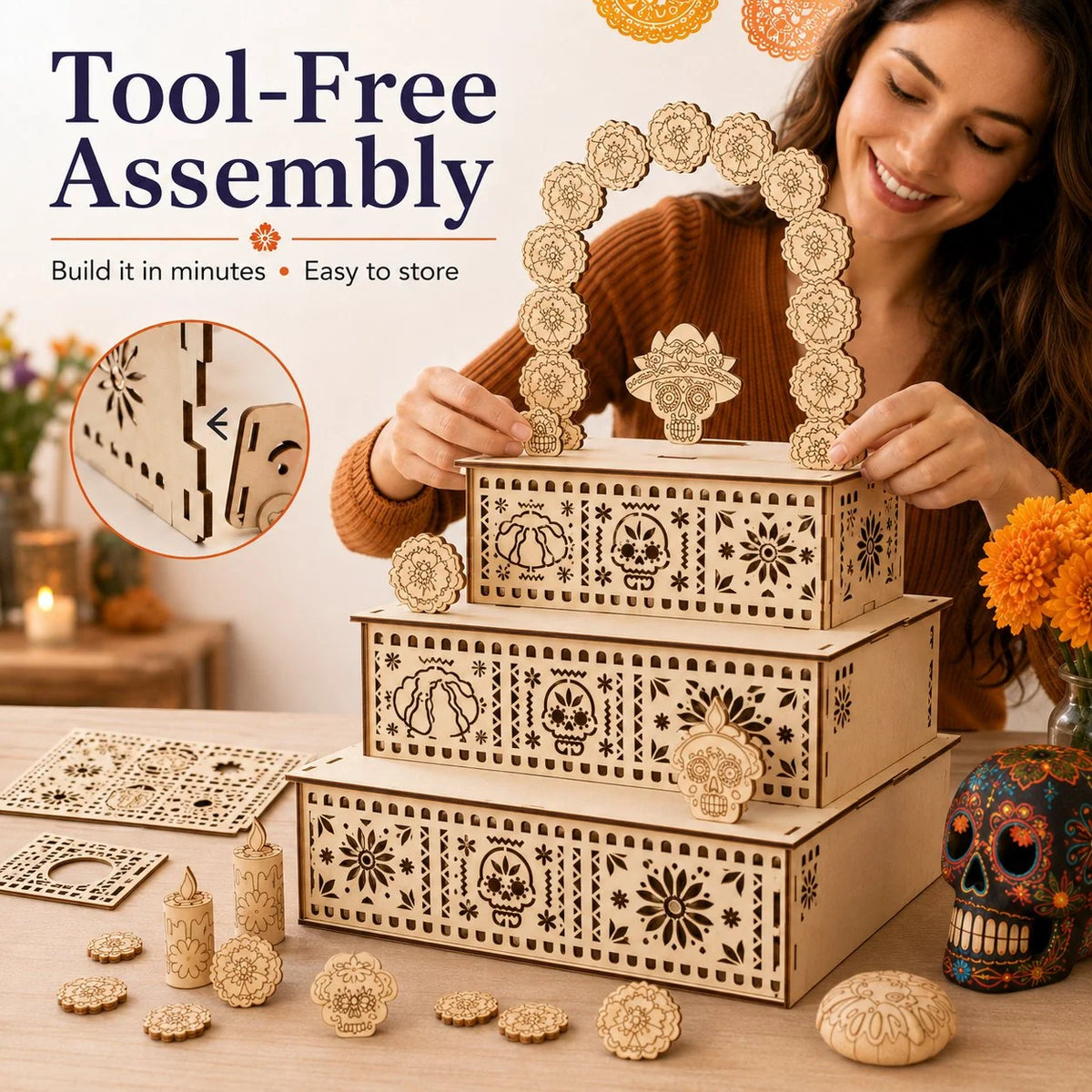 Ofrenda Altar Display Set Wooden Three-Tier Tabletop