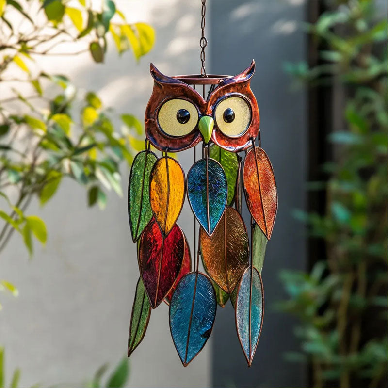 Owl Hanging Ornament Painted Metal & Colored Resin Leaves
