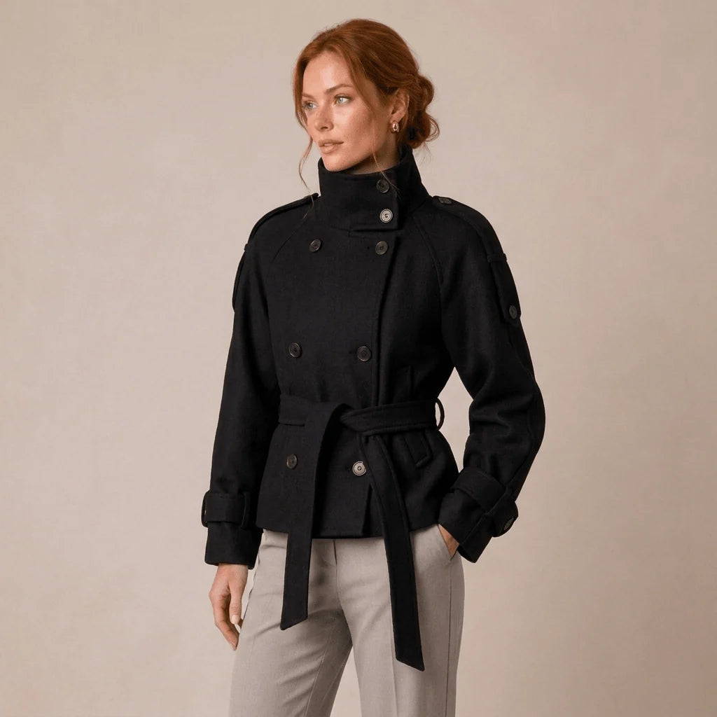 Pea Coat Cotton Blend Belted Waist Button Front