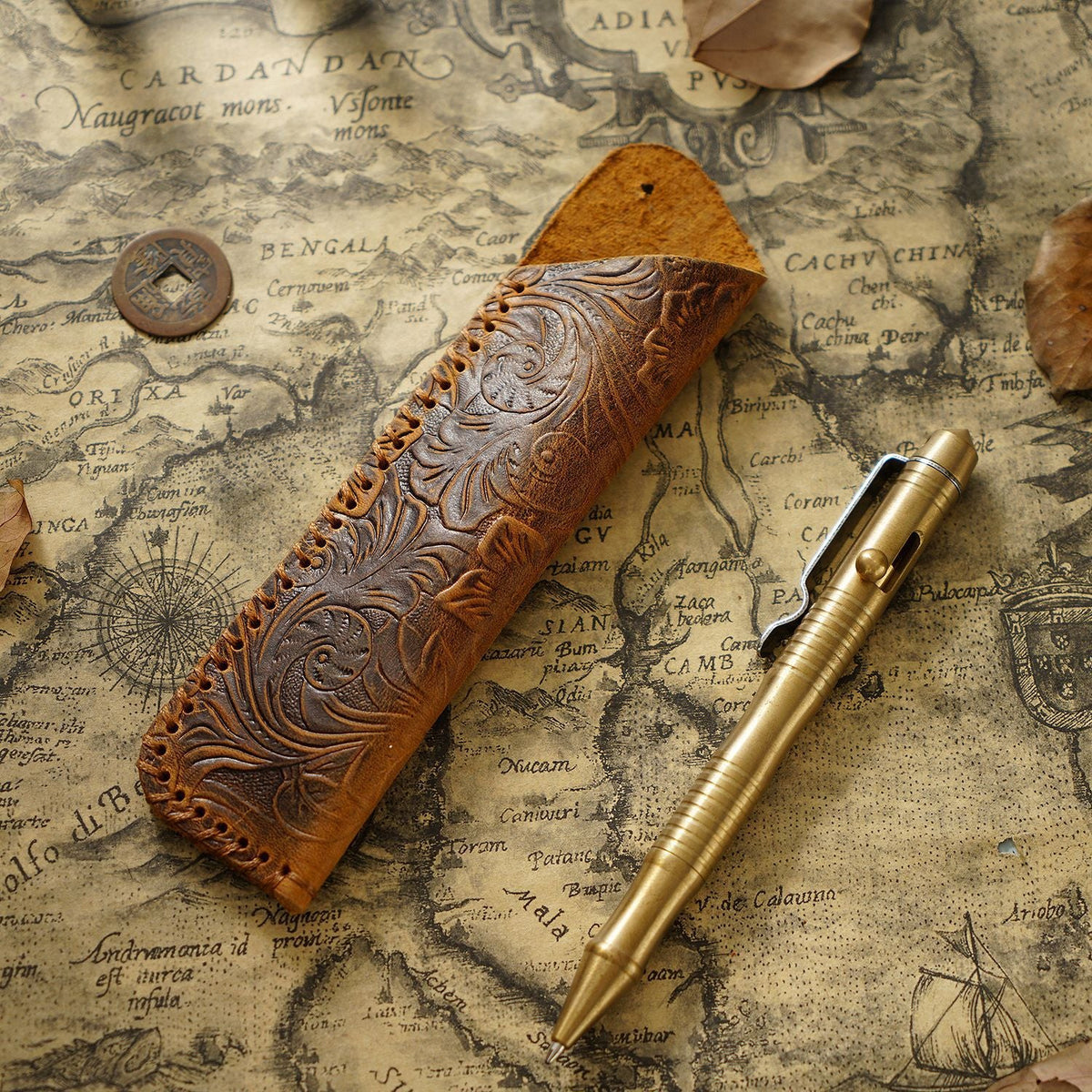 Pen Case Handmade Leather Floral Embossed Multiple-Pen Storage