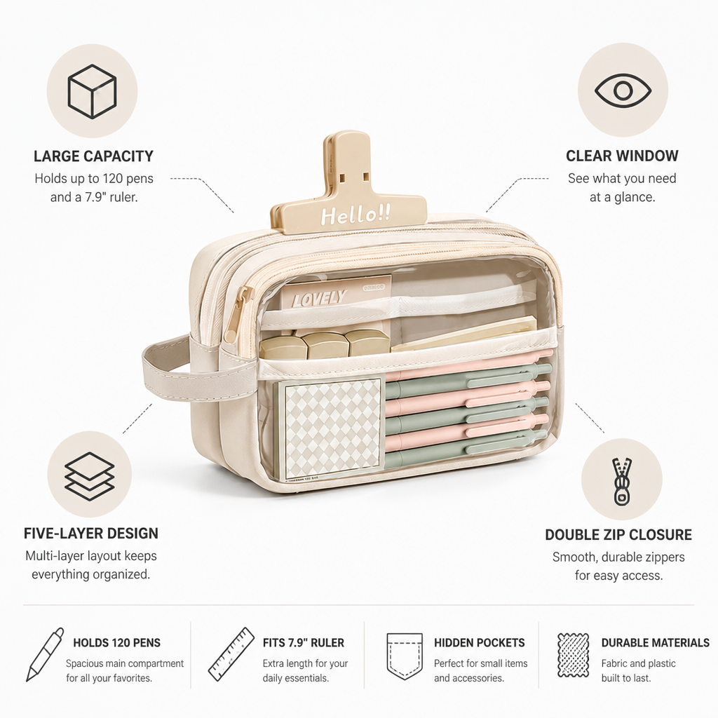 Pencil Case Five-Layer Organizer Clear Window & Double Zip