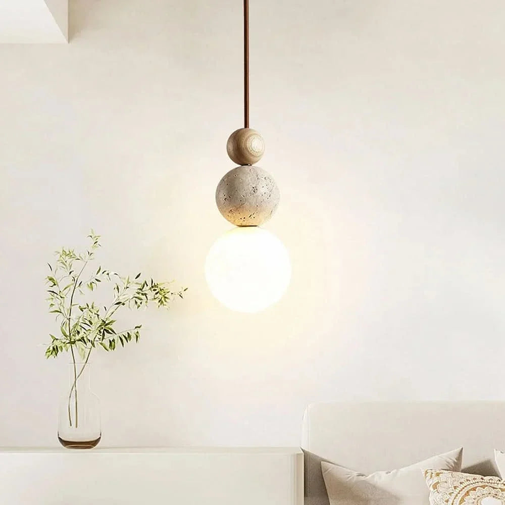 Pendant Light Yellow Travertine & Wood Adjustable Soft LED