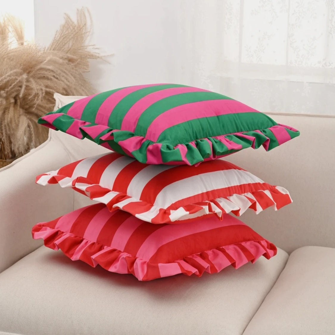 Pillow Cover Microfiber Wide Stripes Ruffled Edge
