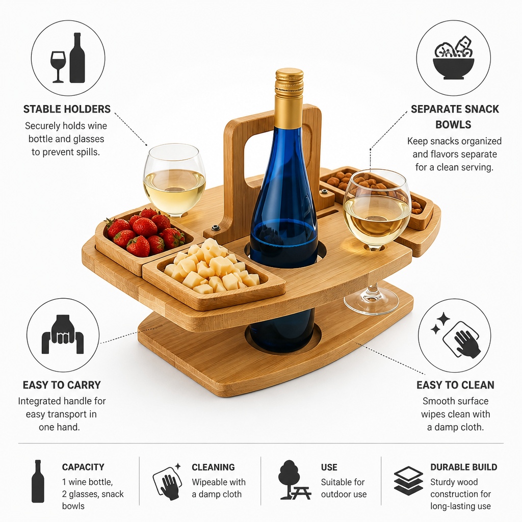 Portable Picnic Table Stable Bottle & Glass Holders Snack Bowls
