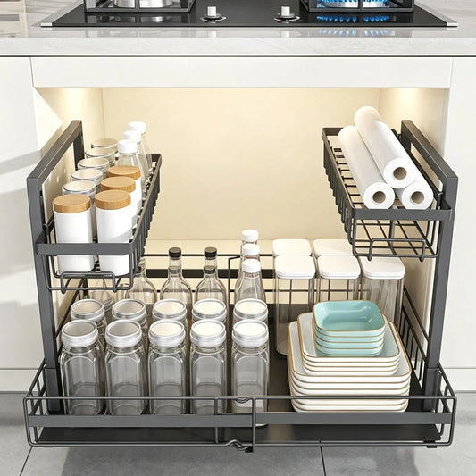 Pull-Out Cabinet Organizer L-Shaped Two-Tier Smooth Sliding