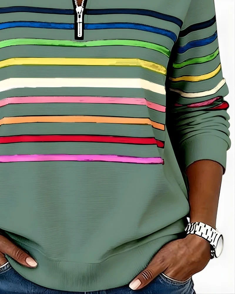Quarter-Zip Sweater Rainbow Stripes Ribbed Cuffs & Hem