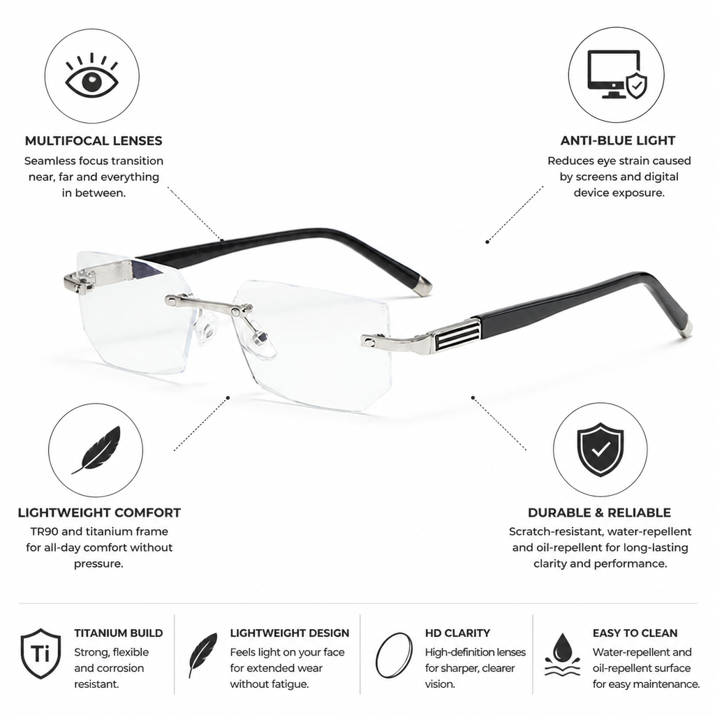 Reading Glasses Multifocal Anti-Blue Light Titanium Frame