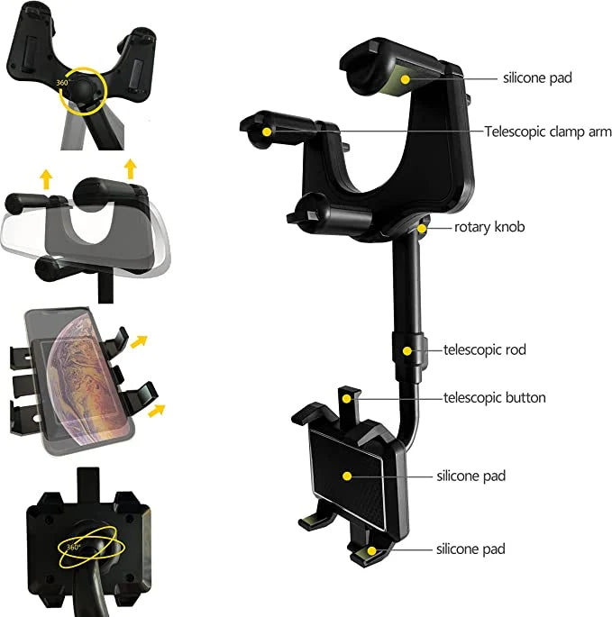 Rearview Mirror Phone Holder 360° Rotation & One-Handed Operation