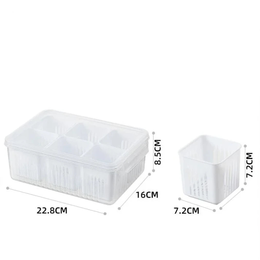 Refrigerator Organizer Box 6 Compartments Drainage Tray & Lid