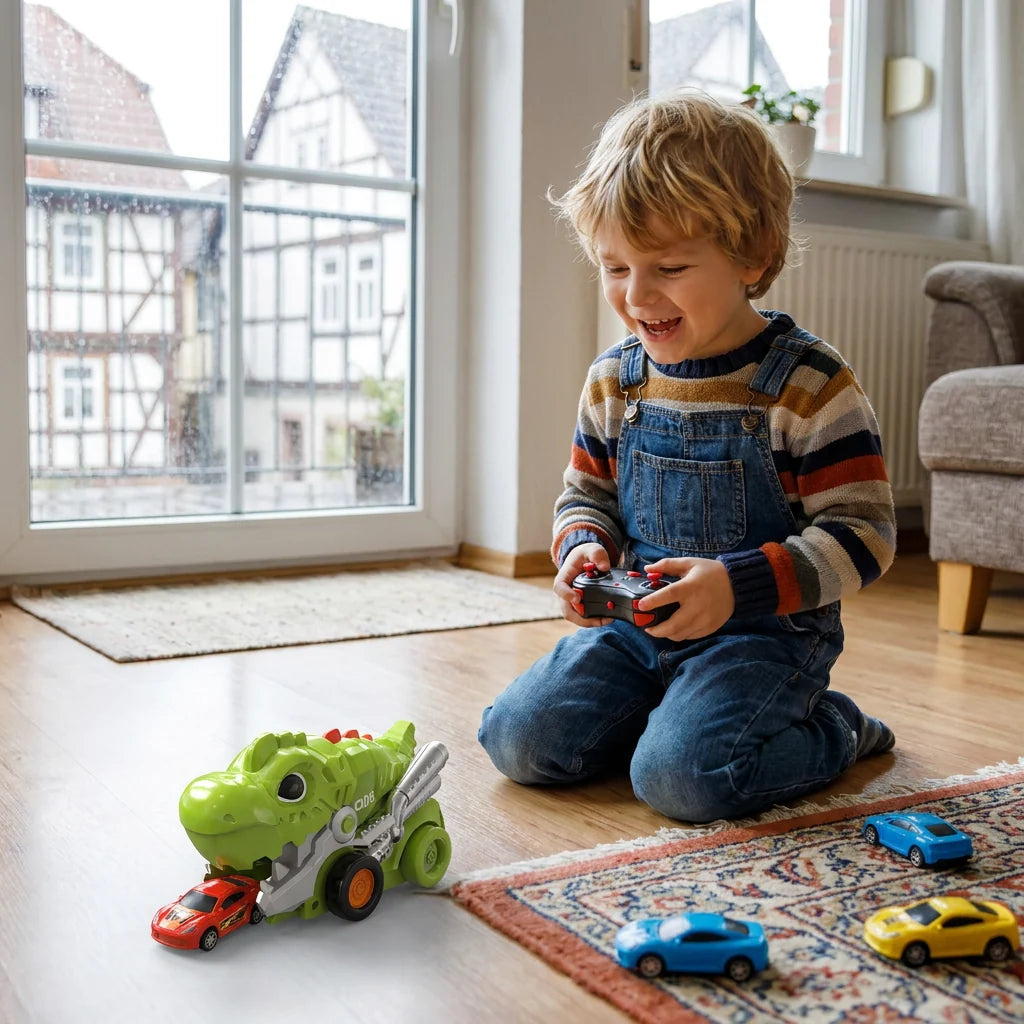 Remote-Controlled Dinosaur Truck Swallows Toy Cars
