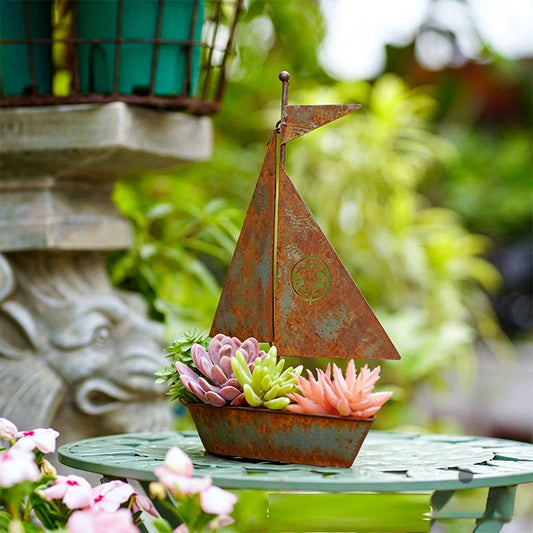 Sailboat Planter Vintage Patina Iron & Weather-Resistant