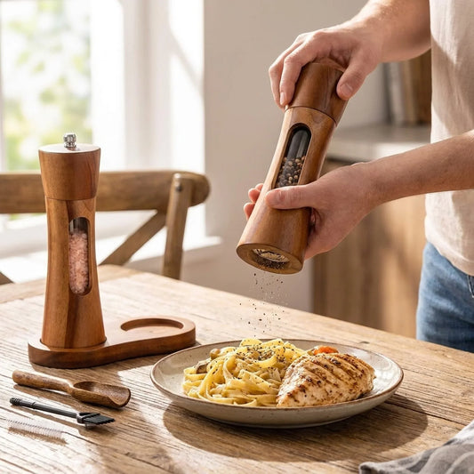 Salt And Pepper Grinder Set Adjustable Fine To Coarse Clear Viewing Window