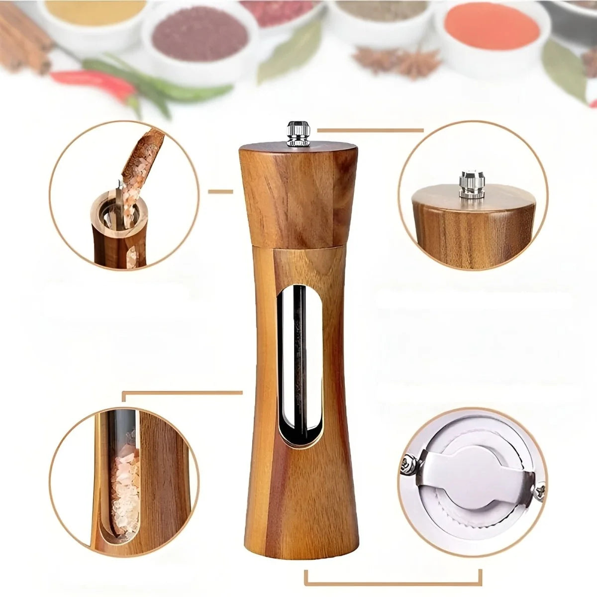 Salt & Pepper Grinder Wooden Adjustable Fine-To-Coarse Grind