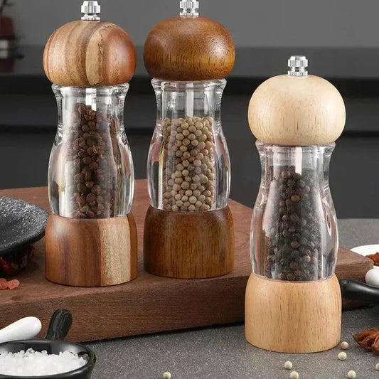 Salt & Pepper Mill Set Natural Wood Glass Refillable