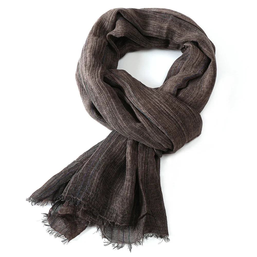 Scarf Cotton Linen Striped Lightweight With Fringe