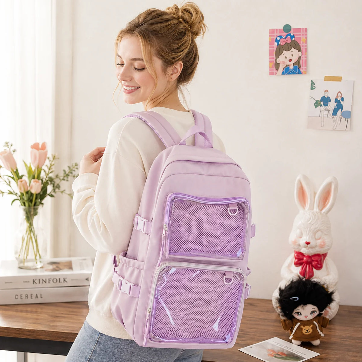 School Backpack Nylon Transparent Front Pockets