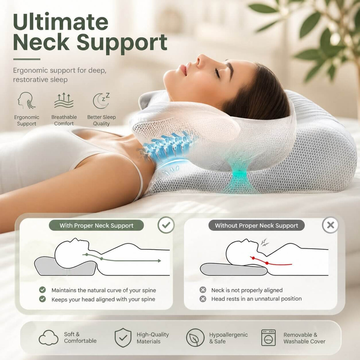 Side Sleeper Pillow Contoured Memory Foam Removable Hypoallergenic Cover