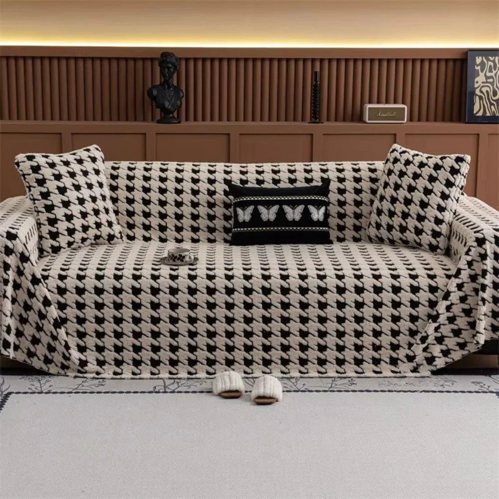 Sofa Cover Plush Microfiber Non-Slip Houndstooth