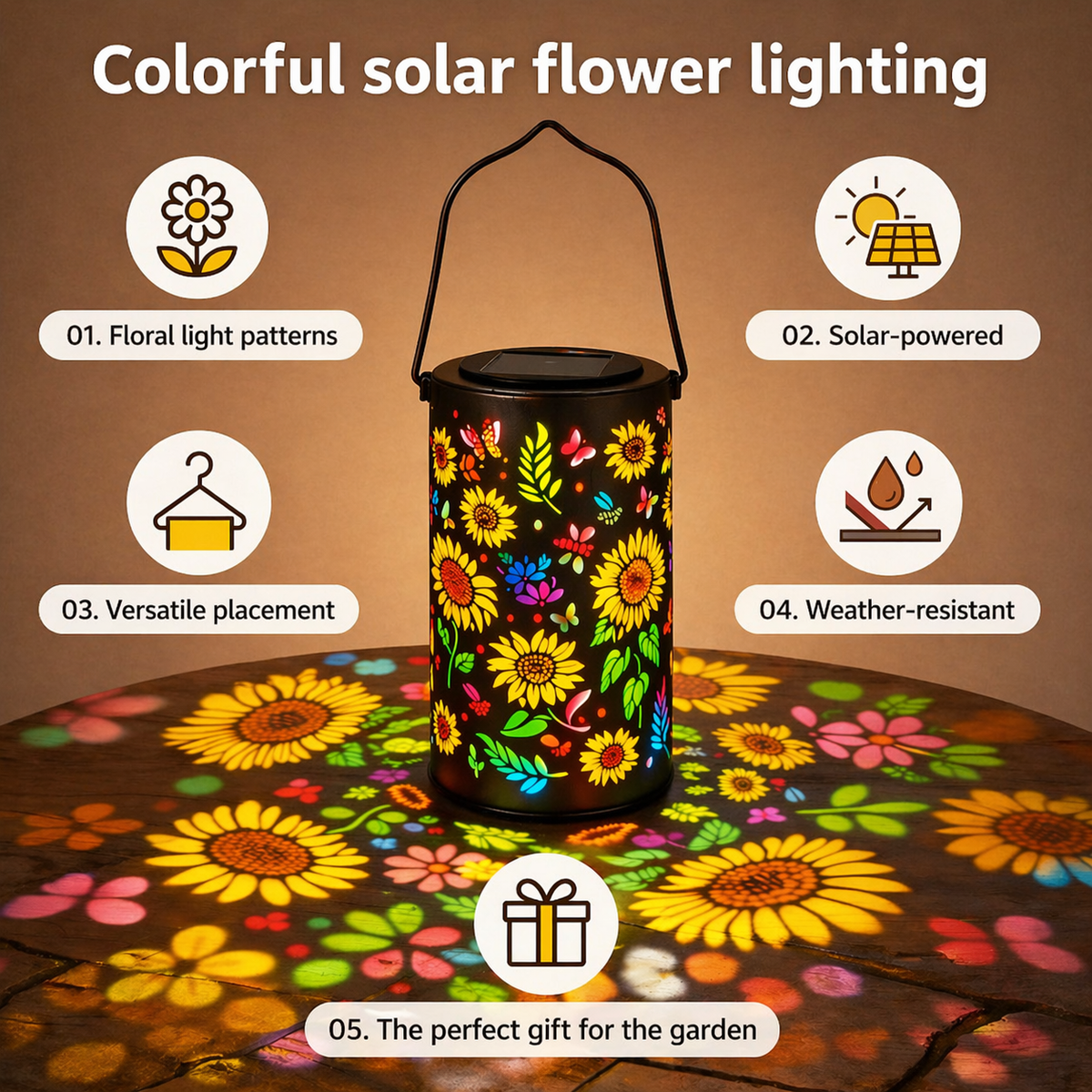Solar Garden Lantern Flower & Butterfly Projection Weatherproof Metal