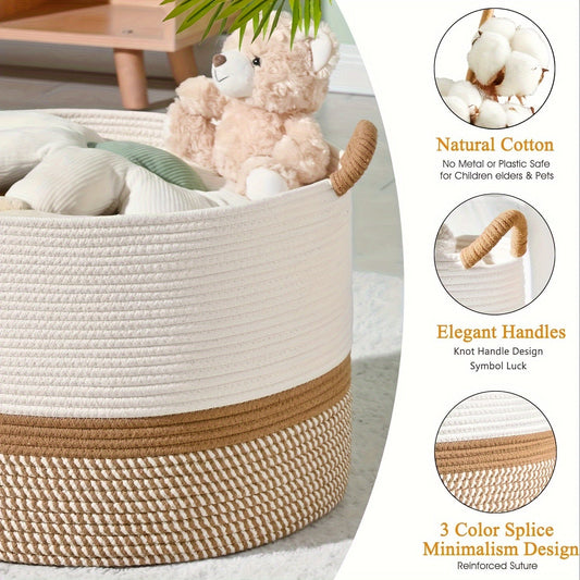 Storage Basket Cotton Rope Handles Cream & Brown Stripes