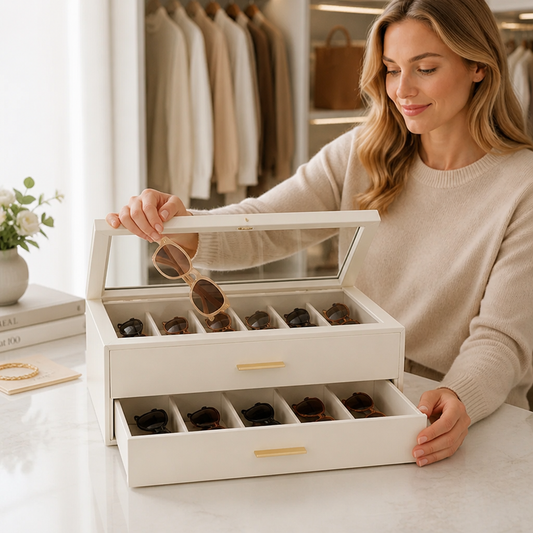 Sunglasses Organizer Two-Tier Velvet-Lined Glass Lid