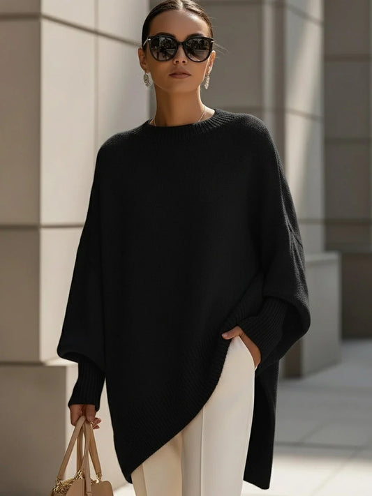 Sweater Oversized Batwing Sleeves Asymmetric Hem Knitted Cuffs