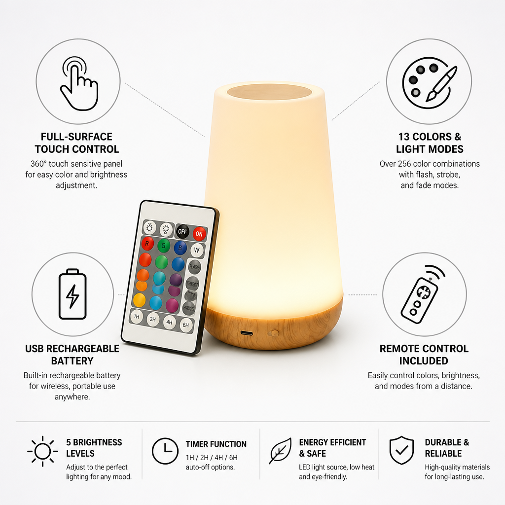 Table Lamp Full-Surface Touch & Remote Control 13-Color USB Rechargeable