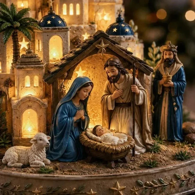 Table Lamp Illuminated Nativity Church Tower 5.9 Inch