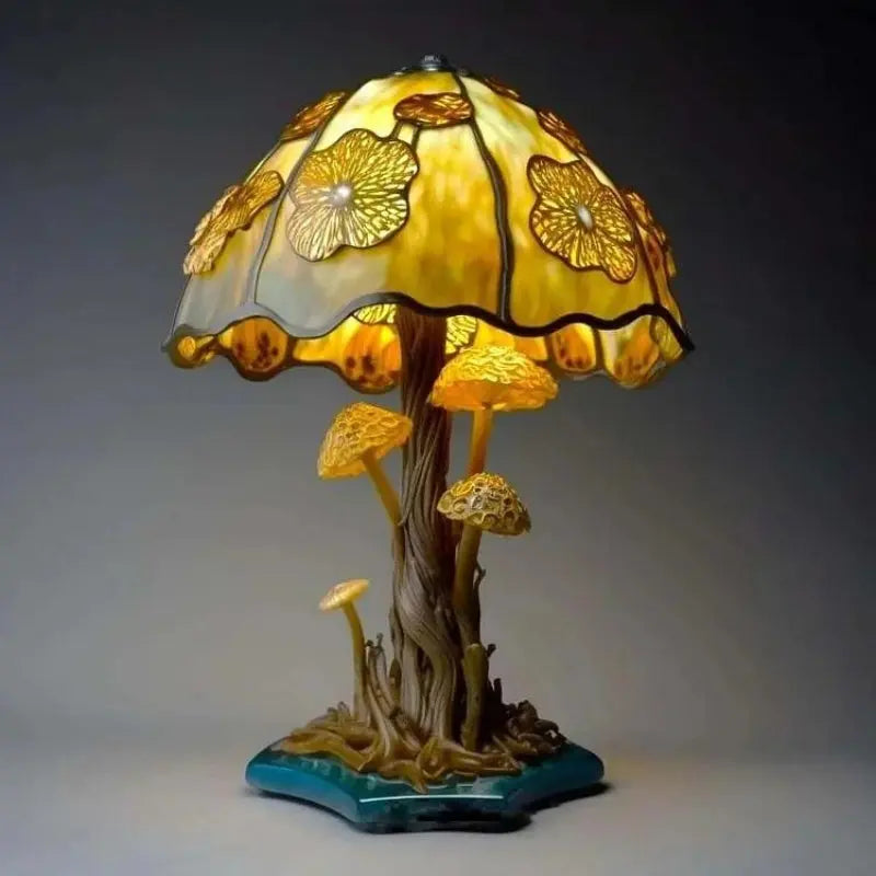 Table Lamp Stained Glass Shade Warm Ambient Light