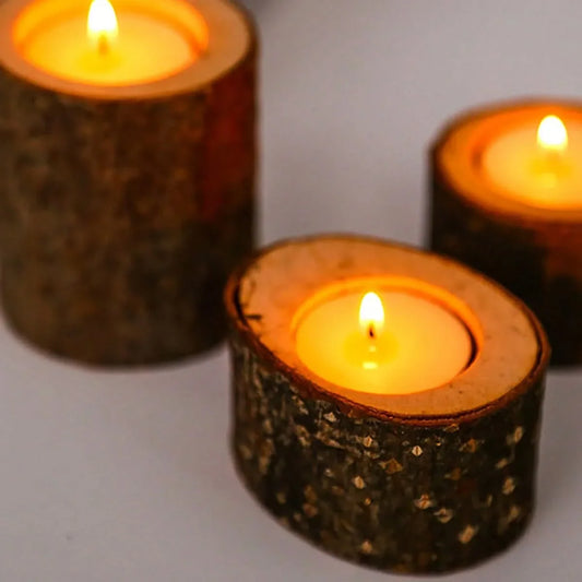 Tea Light Holder Set Natural Wood & Glass Three-Piece