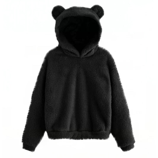 Teddy Fleece Hoodie Oversized Fit Bear Ear Hood Side Pockets