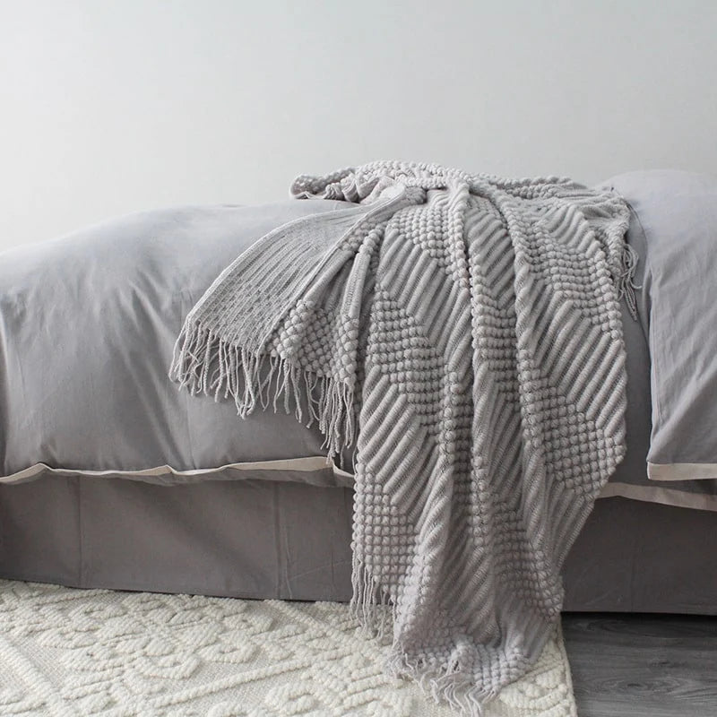 Throw Blanket Chunky Popcorn Knit Oversized Fringe