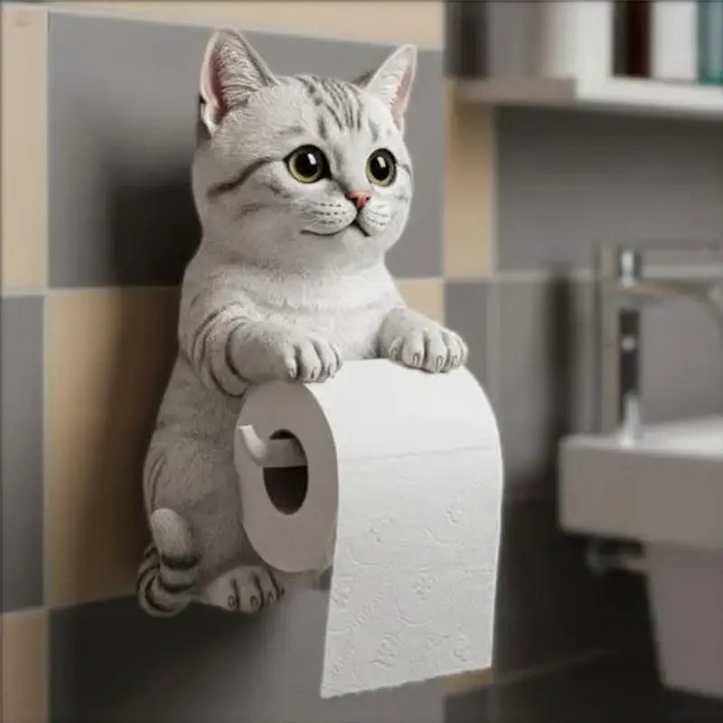 Toilet Paper Holder Playful Cat Design Durable Resin Wall-Mount