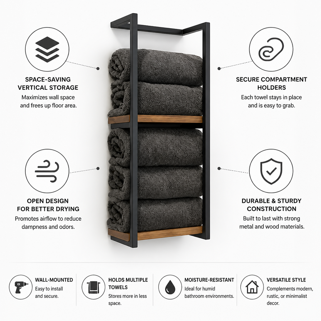 Towel Rack Wall Mounted Vertical Compartments Open Design