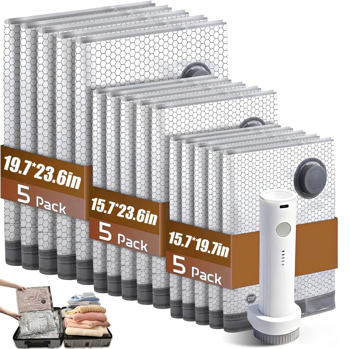 Travel Vacuum Storage Bag Set Rechargeable Pump 15 Bags