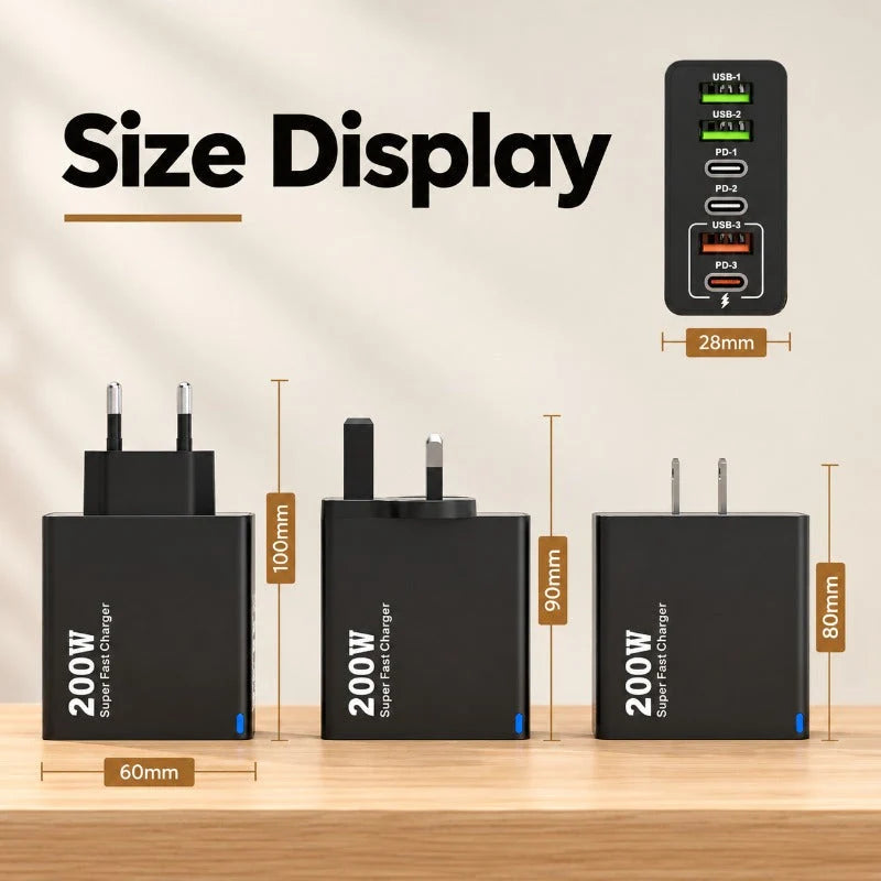USB Charger 200W Fast Charging 6-Port USB-A & USB-C