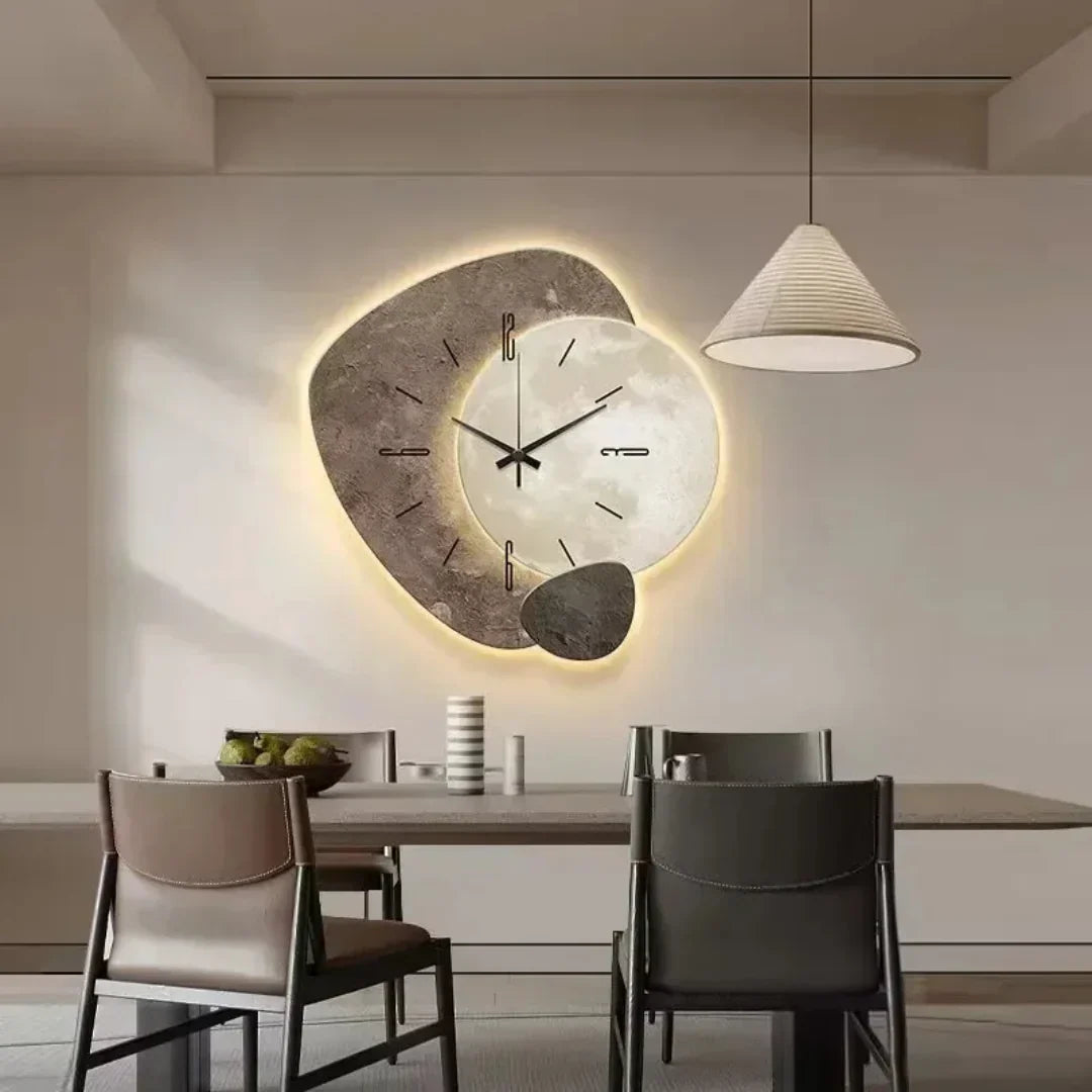 Wall Clock Wooden Geometric Silent Quartz Warm LED Backlit