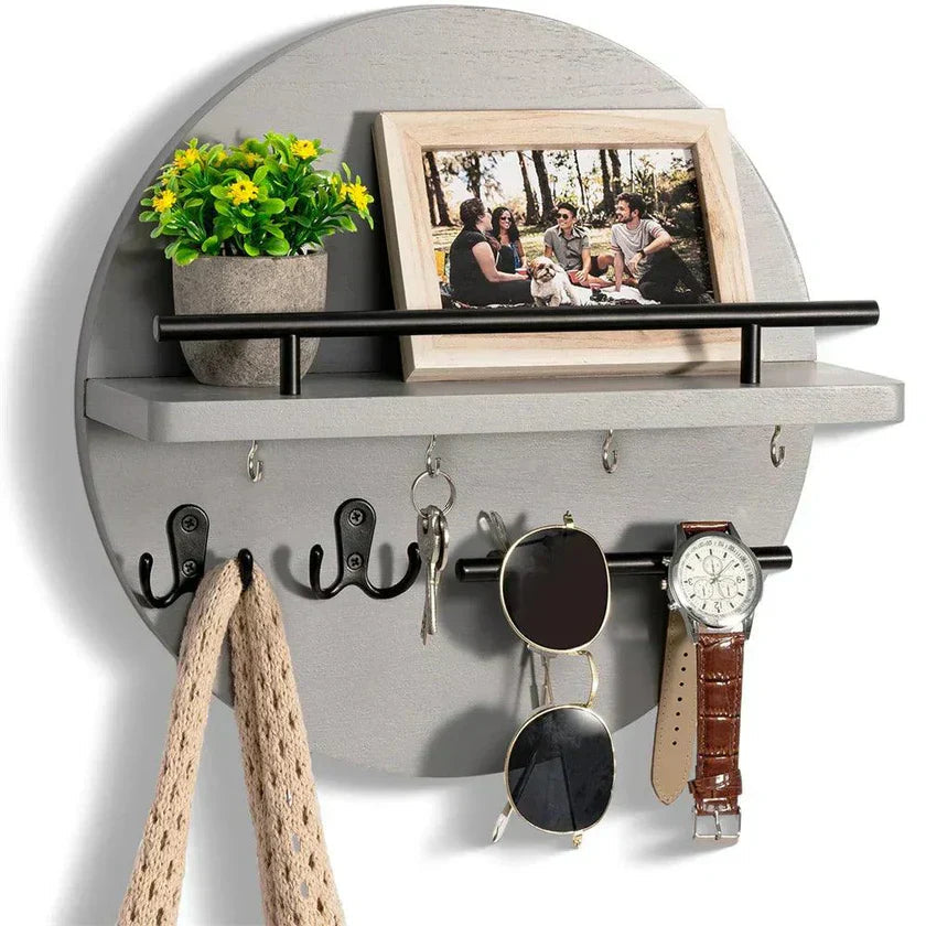 Wall Organizer Round Wood Two Shelves & Key Hooks