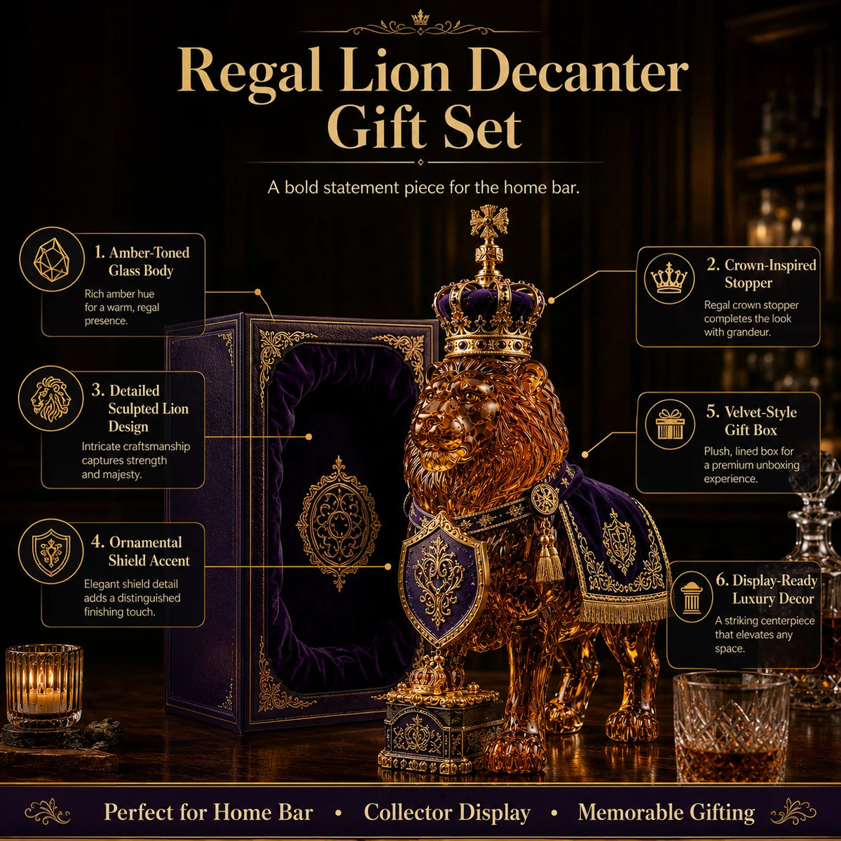 Whiskey Decanter Sculpted Lion Glass 11.8 Oz