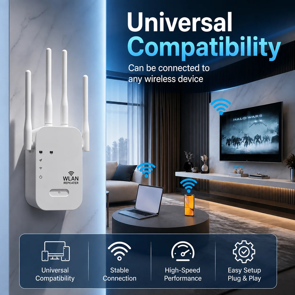 Wi-Fi Repeater Dual-Band Four Antennas LED Indicator