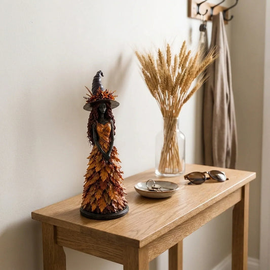 Witch Figurine Leaf-Inspired Sculptural Halloween Decor