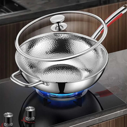 Wok Pan Stainless Steel Rounded Bottom Induction Compatible