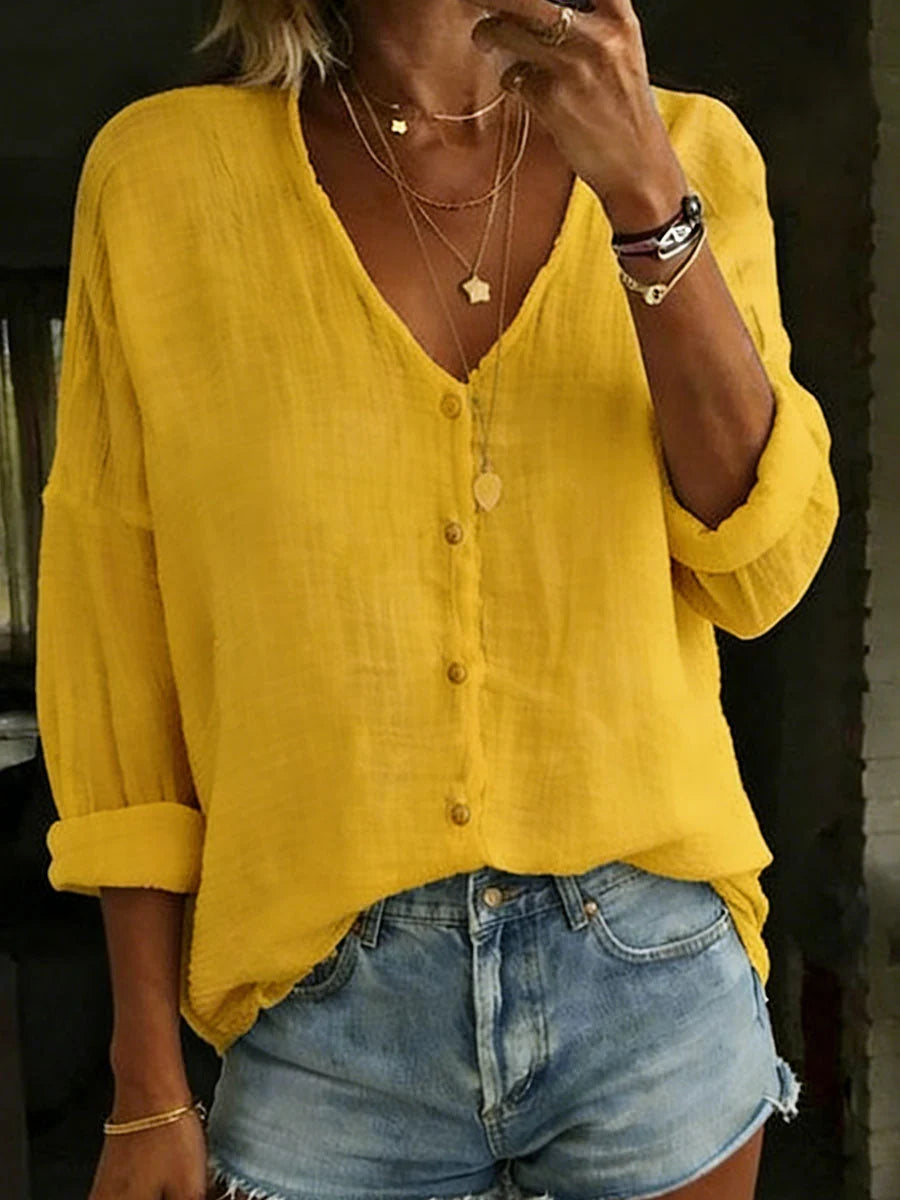 Women's Long-Sleeve Shirt Cotton-Linen Blend V-Neck Relaxed Fit